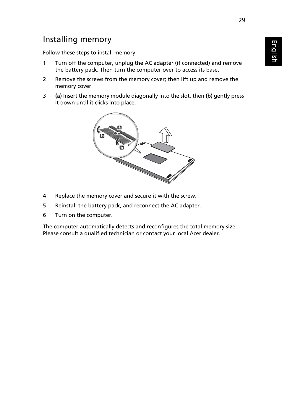 Installing memory | Acer Extensa Series (Generic User Guide) User Manual | Page 49 / 62