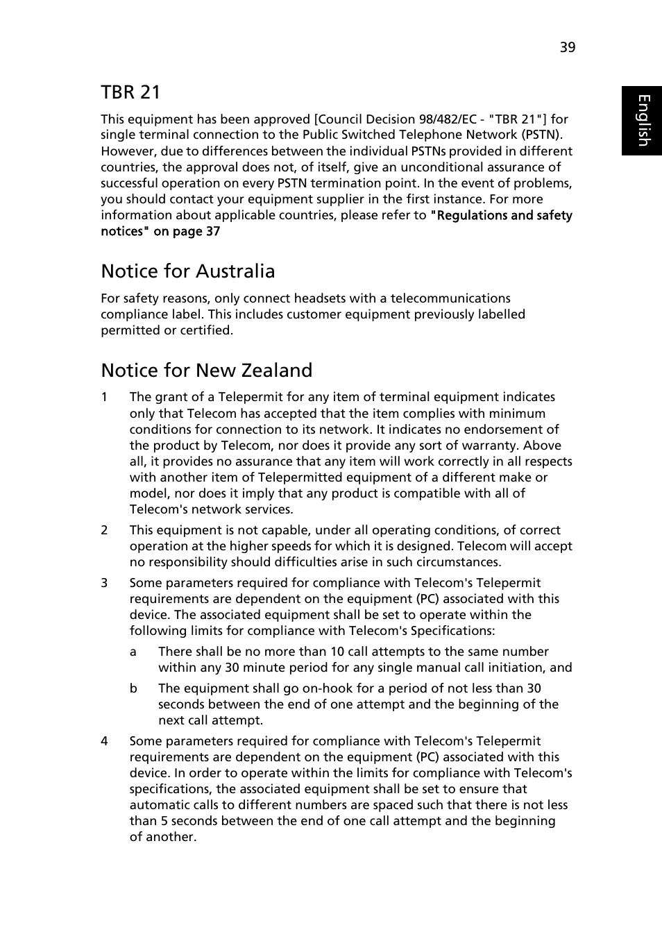 Tbr 21, Notice for australia, Notice for new zealand | Acer Extensa Series (Generic User Guide) User Manual | Page 59 / 62