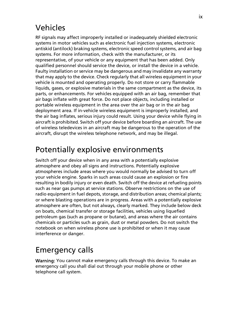 Vehicles, Potentially explosive environments, Emergency calls | Acer Extensa Series (Generic User Guide) User Manual | Page 9 / 62
