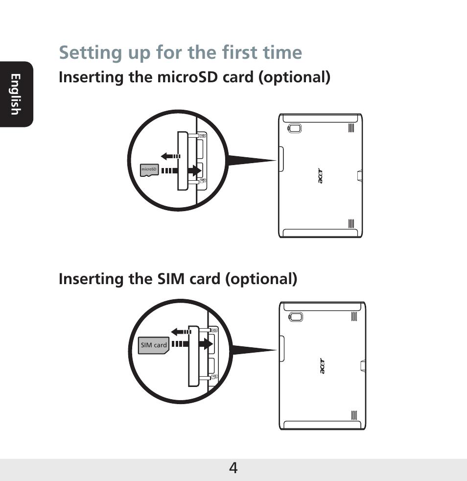 Setting up for the first time | Acer A501 User Manual | Page 4 / 8