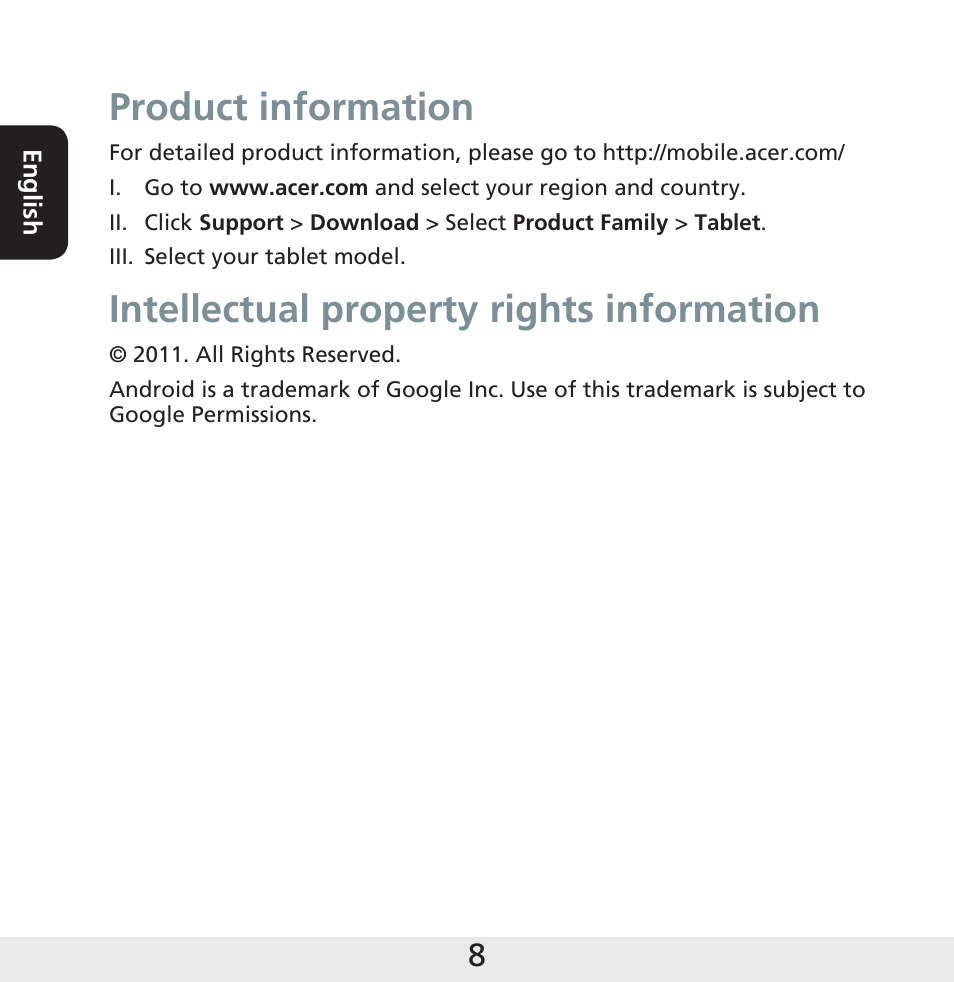 Product information, Intellectual property rights information | Acer A501 User Manual | Page 8 / 8