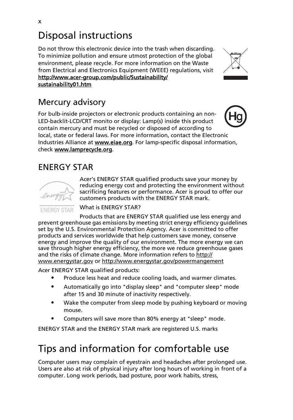 Disposal instructions, Tips and information for comfortable use, Mercury advisory | Energy star | Acer Aspire Series (Generic User Guide) User Manual | Page 10 / 73