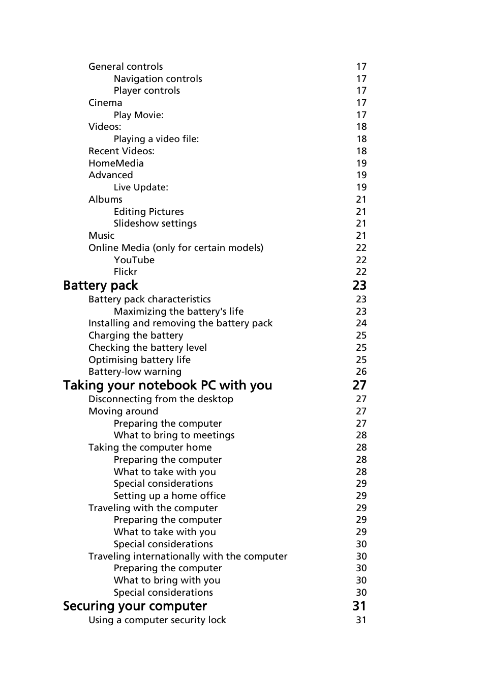 Battery pack 23, Securing your computer 31 | Acer Aspire Series (Generic User Guide) User Manual | Page 18 / 73