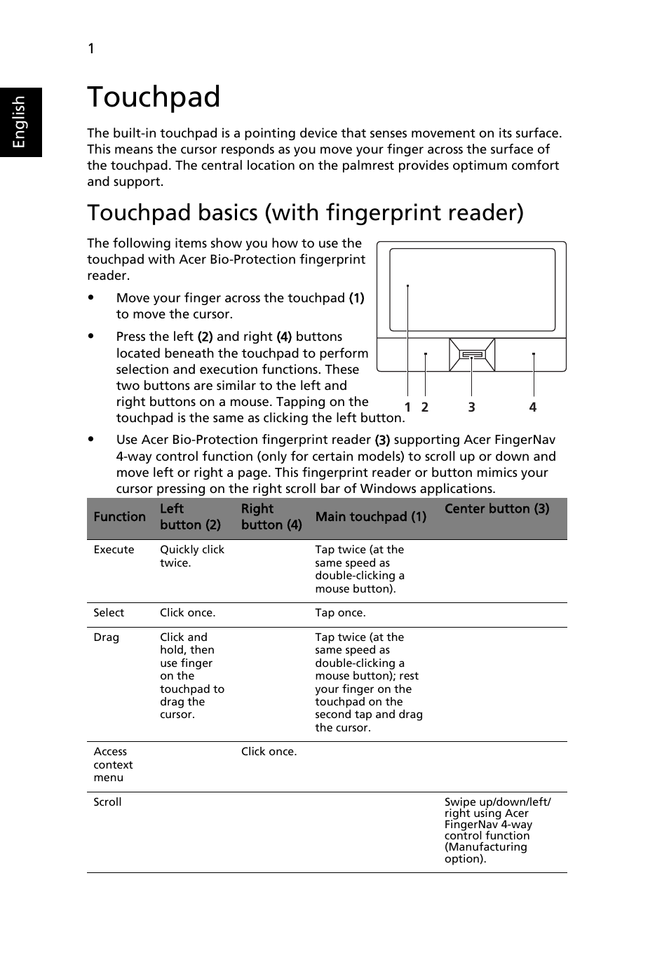 Touchpad, Touchpad basics (with fingerprint reader), English | Acer Aspire Series (Generic User Guide) User Manual | Page 20 / 73