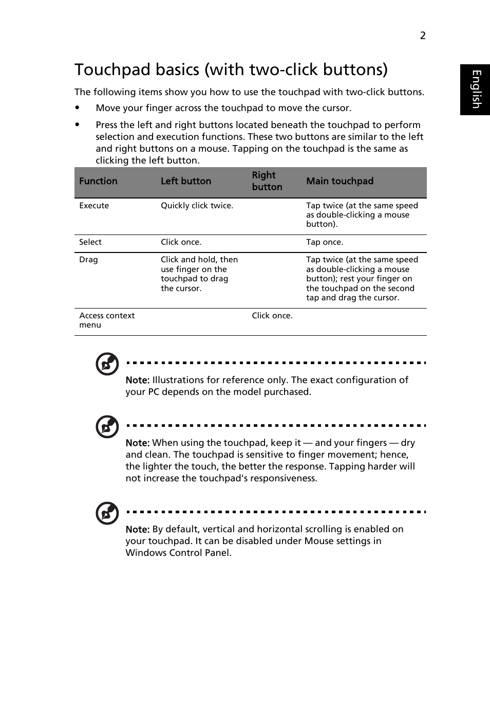 Touchpad basics (with two-click buttons), Eng lis h | Acer Aspire Series (Generic User Guide) User Manual | Page 21 / 73