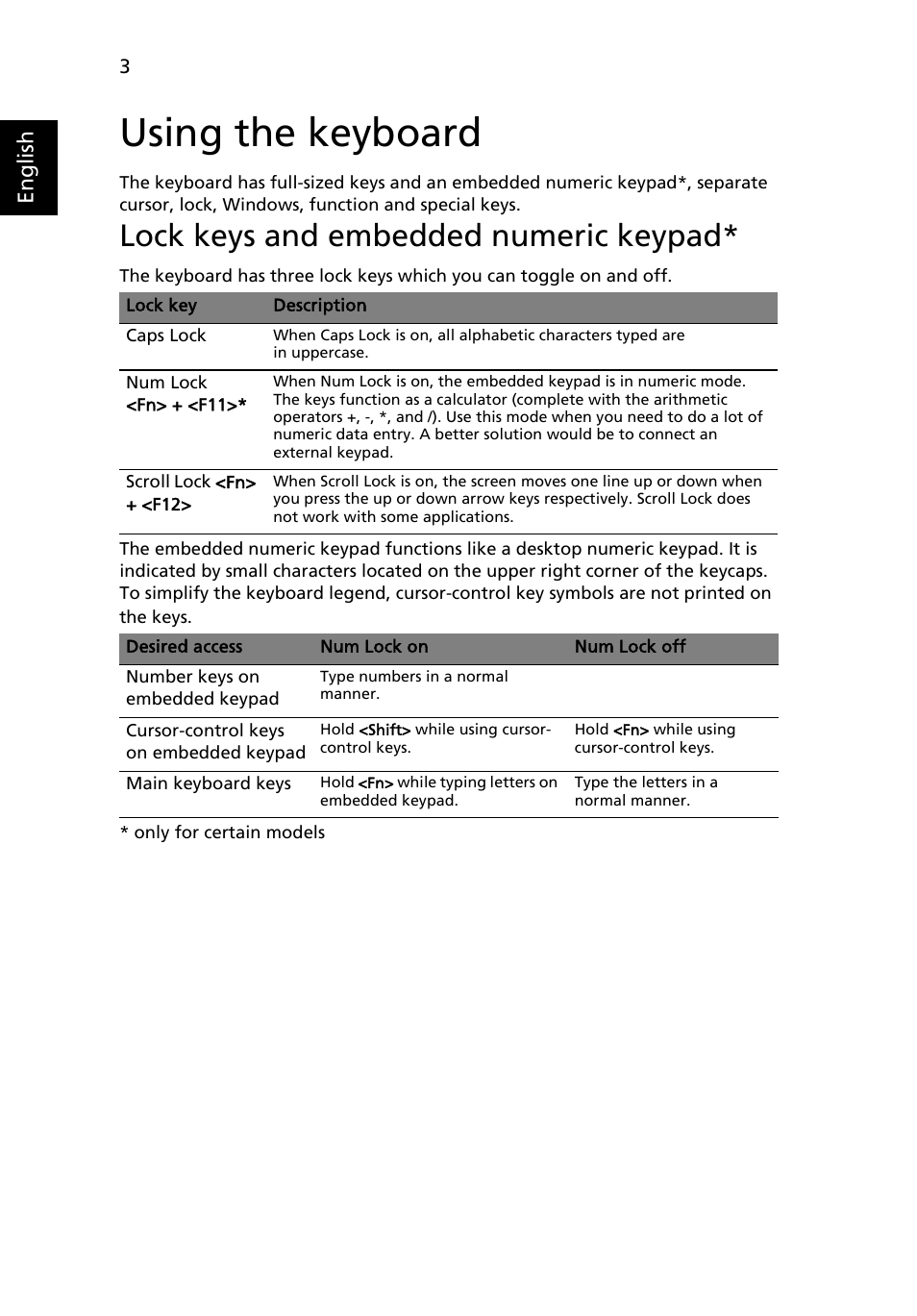 Using the keyboard, Lock keys and embedded numeric keypad | Acer Aspire Series (Generic User Guide) User Manual | Page 22 / 73