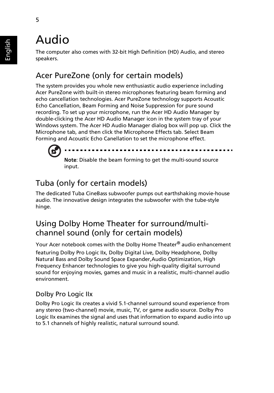 Audio, Acer purezone (only for certain models), Tuba (only for certain models) | Acer Aspire Series (Generic User Guide) User Manual | Page 24 / 73