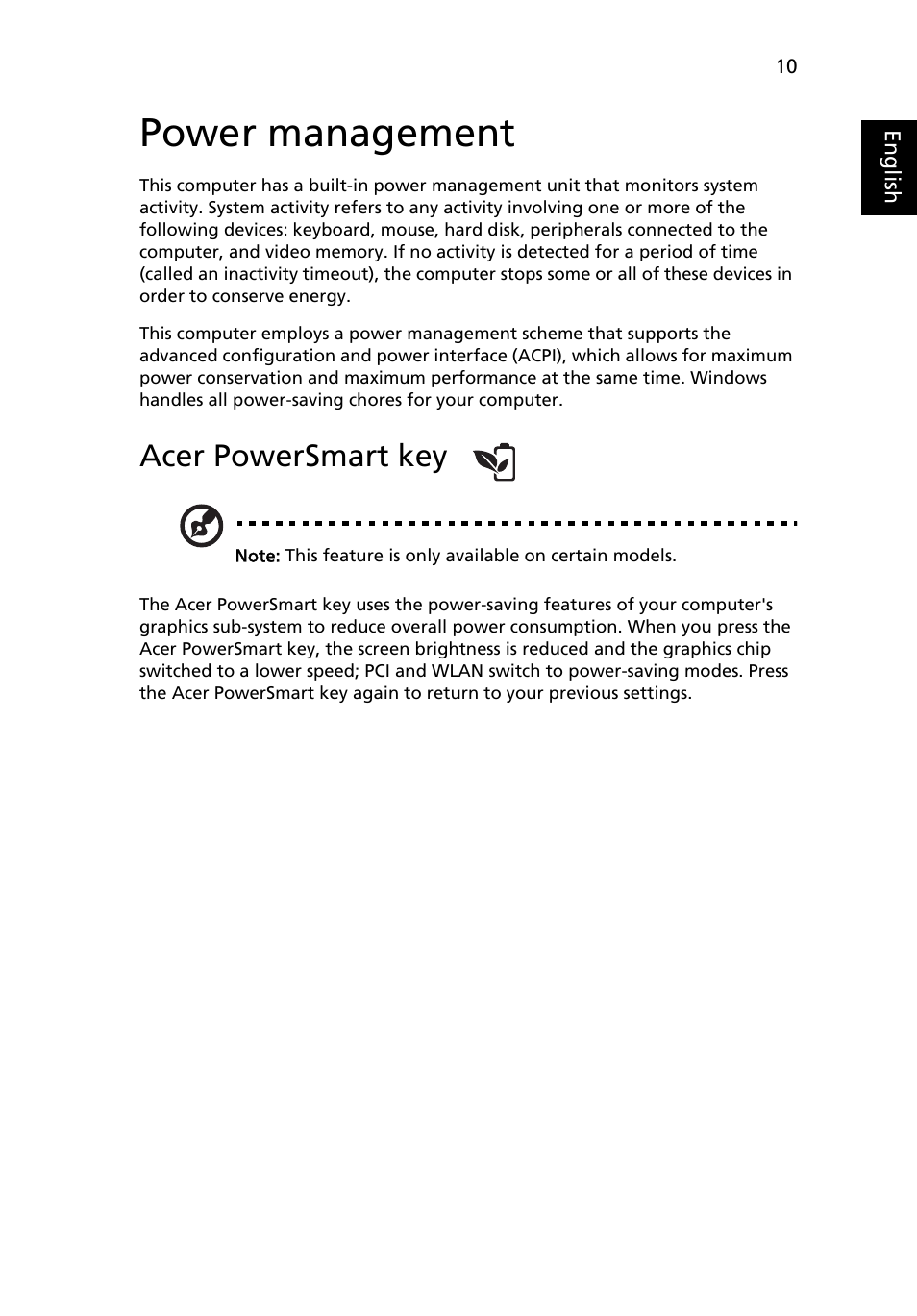 Power management, Acer powersmart key | Acer Aspire Series (Generic User Guide) User Manual | Page 29 / 73