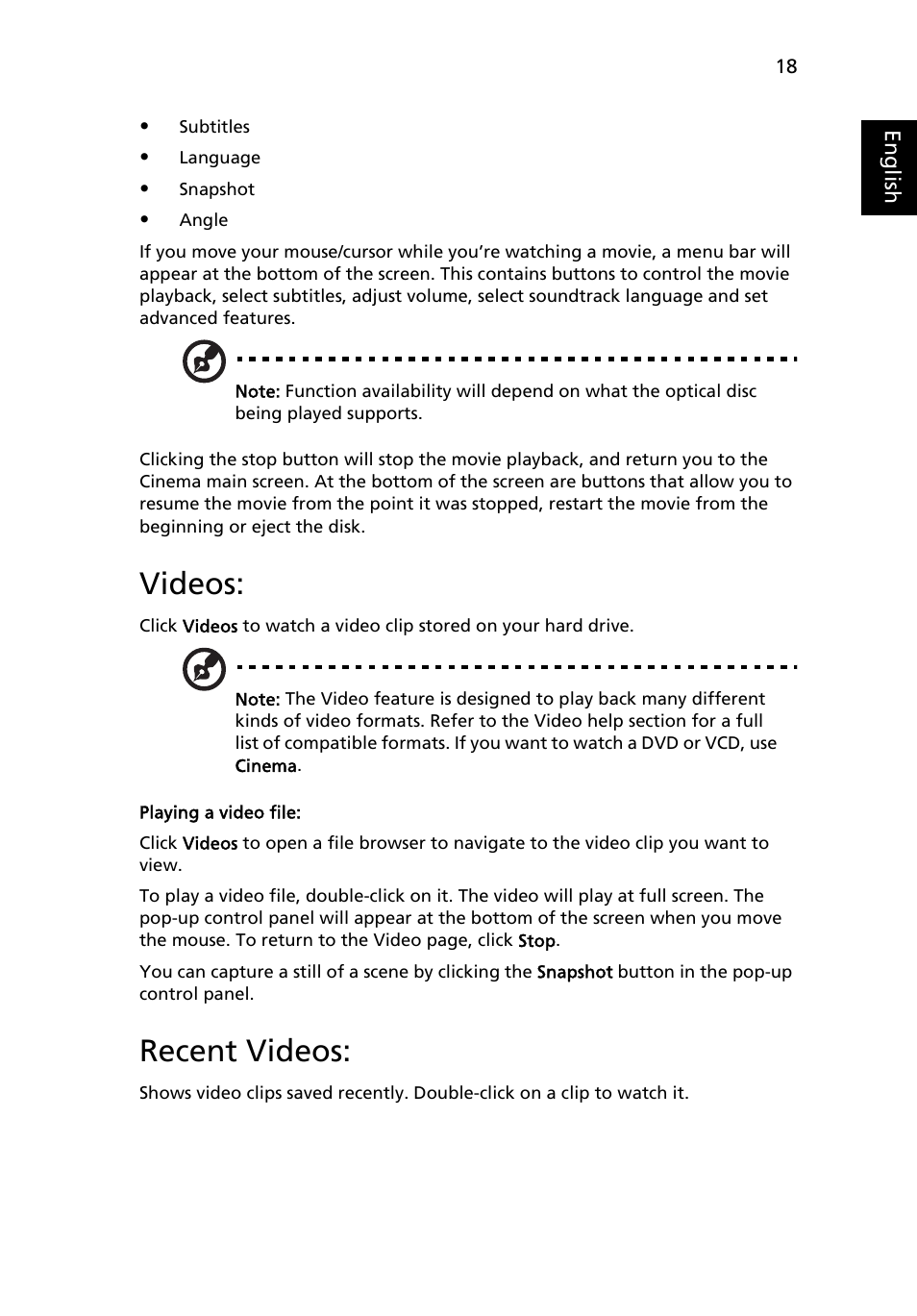 Videos, Recent videos, Playing a video file | Acer Aspire Series (Generic User Guide) User Manual | Page 37 / 73