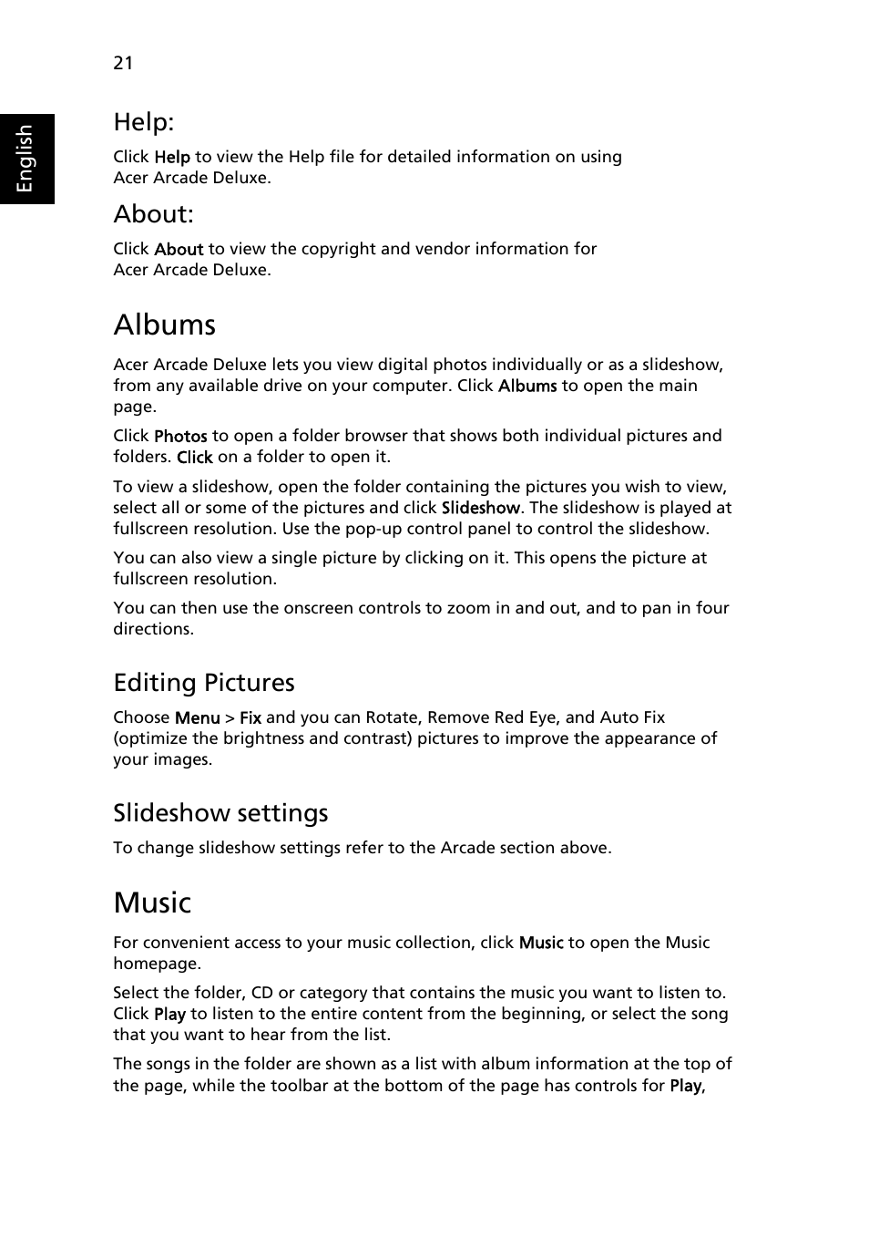 Albums, Music, Editing pictures | Slideshow settings, Help, About | Acer Aspire Series (Generic User Guide) User Manual | Page 40 / 73