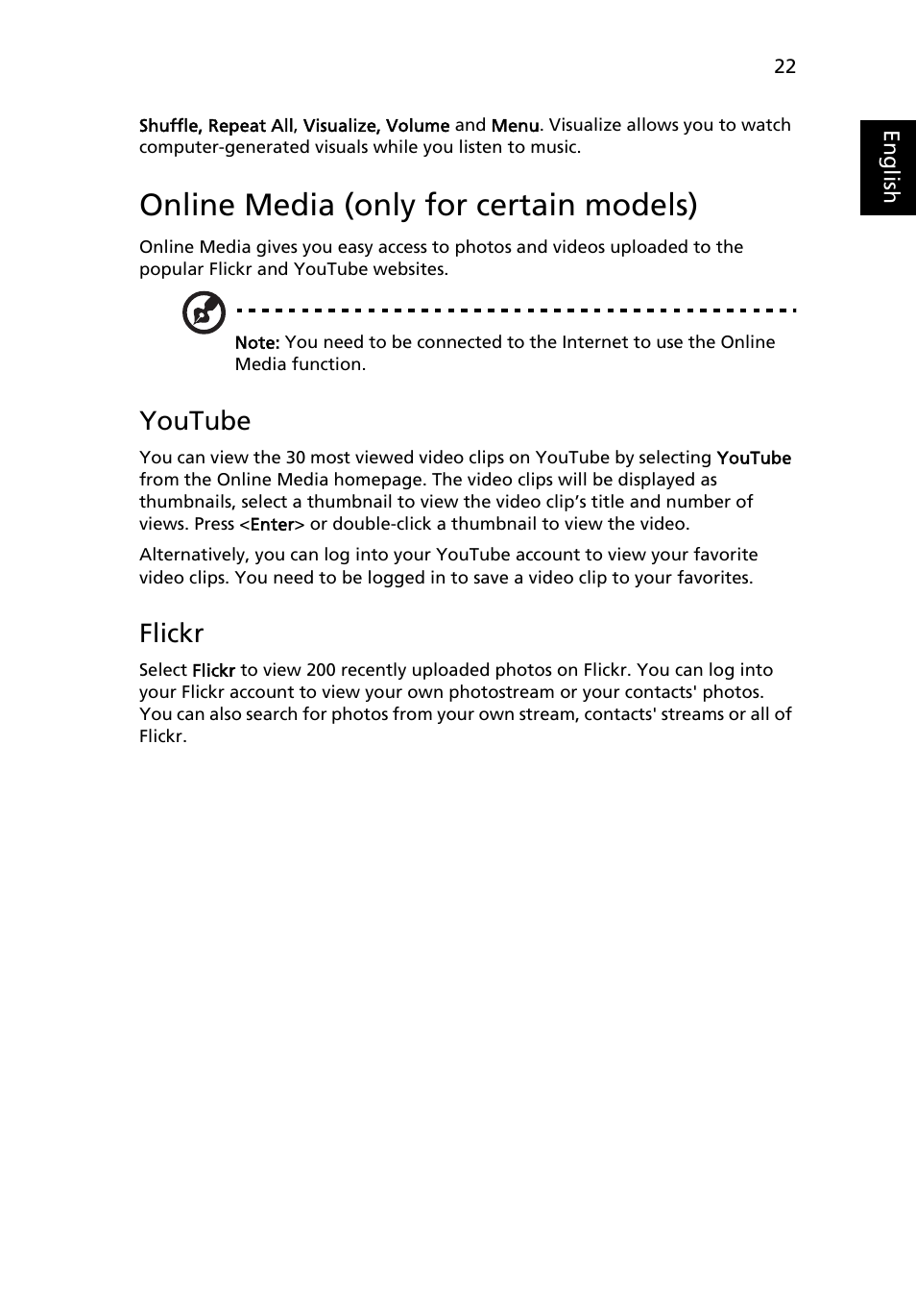 Online media (only for certain models), Youtube, Flickr | Acer Aspire Series (Generic User Guide) User Manual | Page 41 / 73