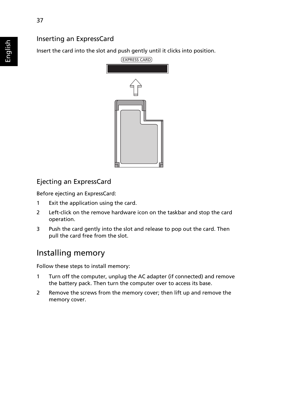 Installing memory | Acer Aspire Series (Generic User Guide) User Manual | Page 56 / 73