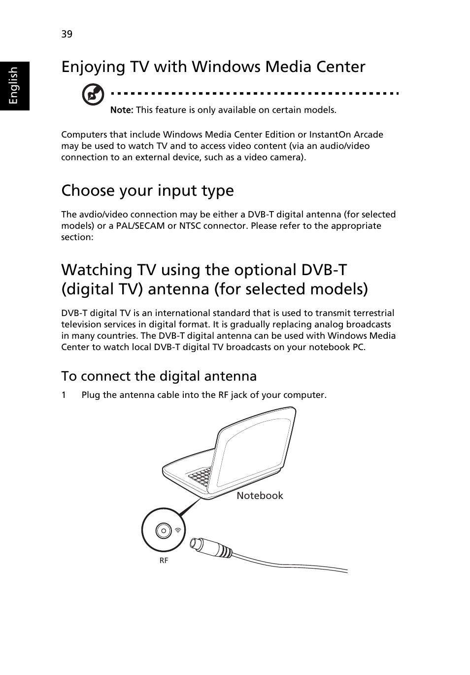 Enjoying tv with windows media center, Choose your input type, To connect the digital antenna | Acer Aspire Series (Generic User Guide) User Manual | Page 58 / 73