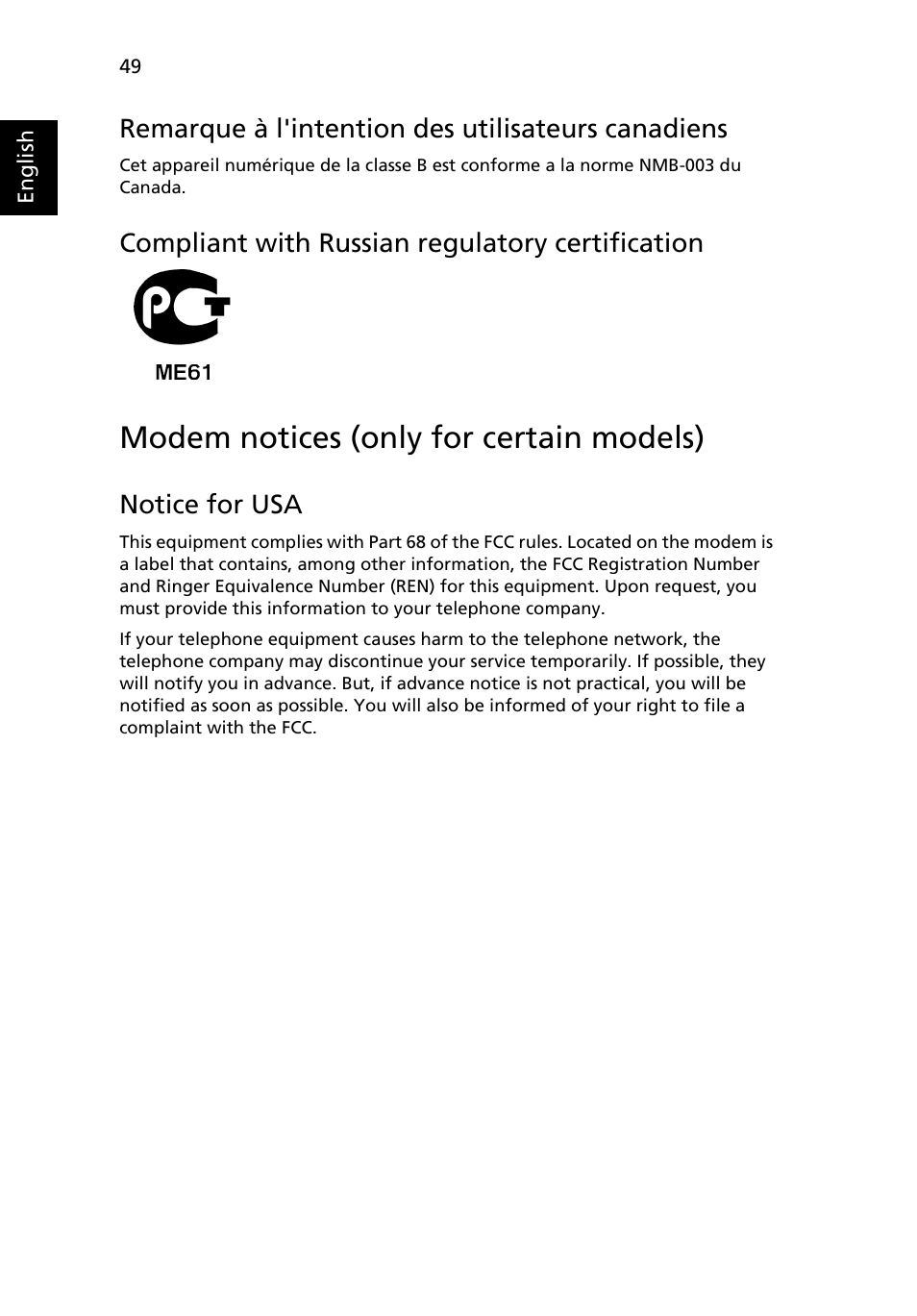 Modem notices (only for certain models), Remarque à l'intention des utilisateurs canadiens, Compliant with russian regulatory certification | Notice for usa | Acer Aspire Series (Generic User Guide) User Manual | Page 68 / 73