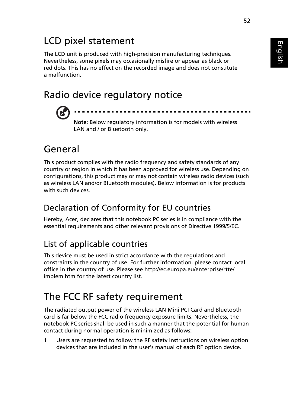 Lcd pixel statement, Radio device regulatory notice, General | The fcc rf safety requirement, Declaration of conformity for eu countries, List of applicable countries | Acer Aspire Series (Generic User Guide) User Manual | Page 71 / 73