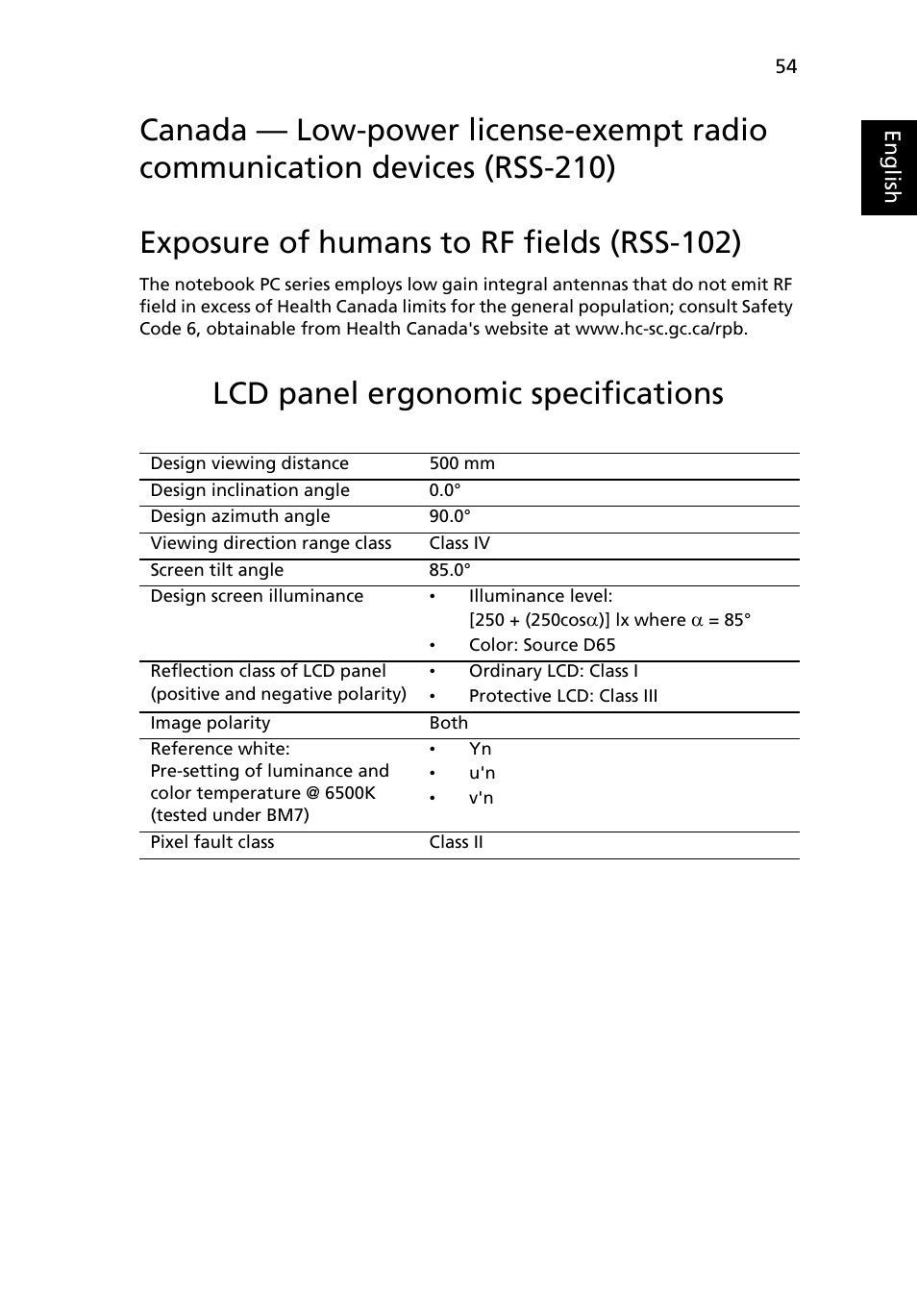 Exposure of humans to rf fields (rss-102), Lcd panel ergonomic specifications | Acer Aspire Series (Generic User Guide) User Manual | Page 73 / 73