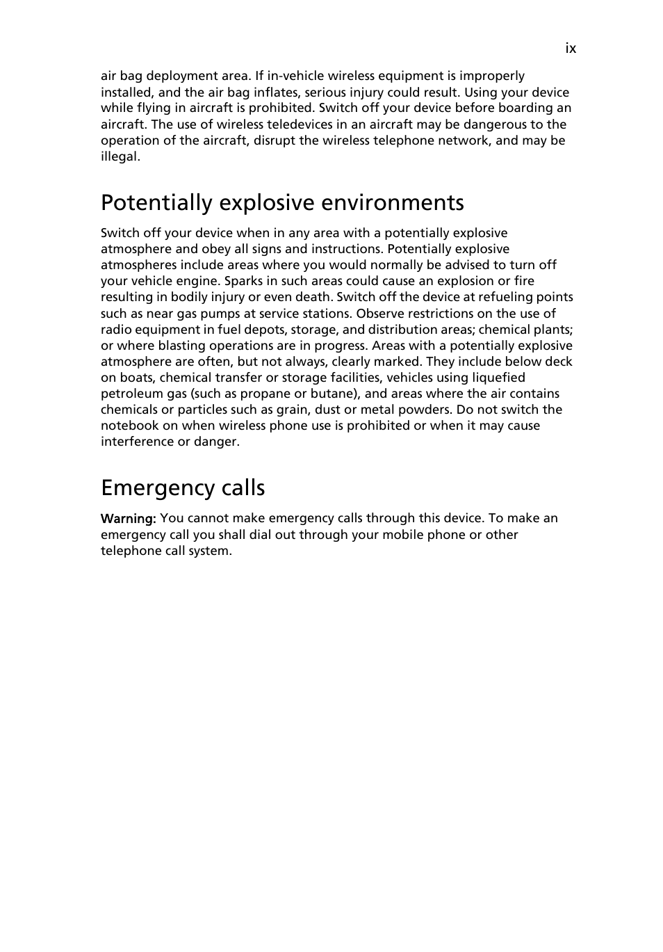 Potentially explosive environments, Emergency calls | Acer Aspire Series (Generic User Guide) User Manual | Page 9 / 73