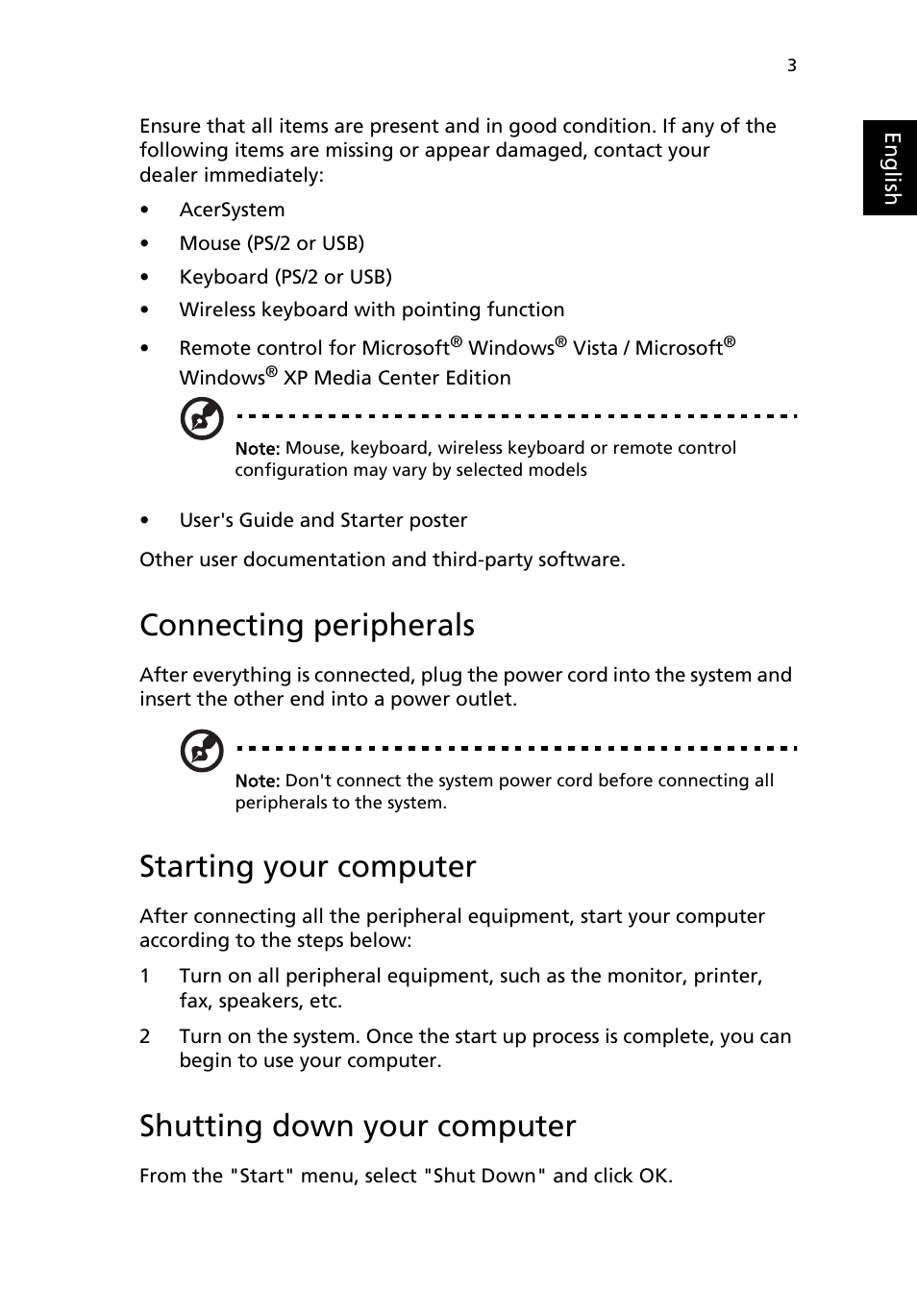 Connecting peripherals, Starting your computer, Shutting down your computer | Acer AcerSystem (User Guide) User Manual | Page 15 / 30