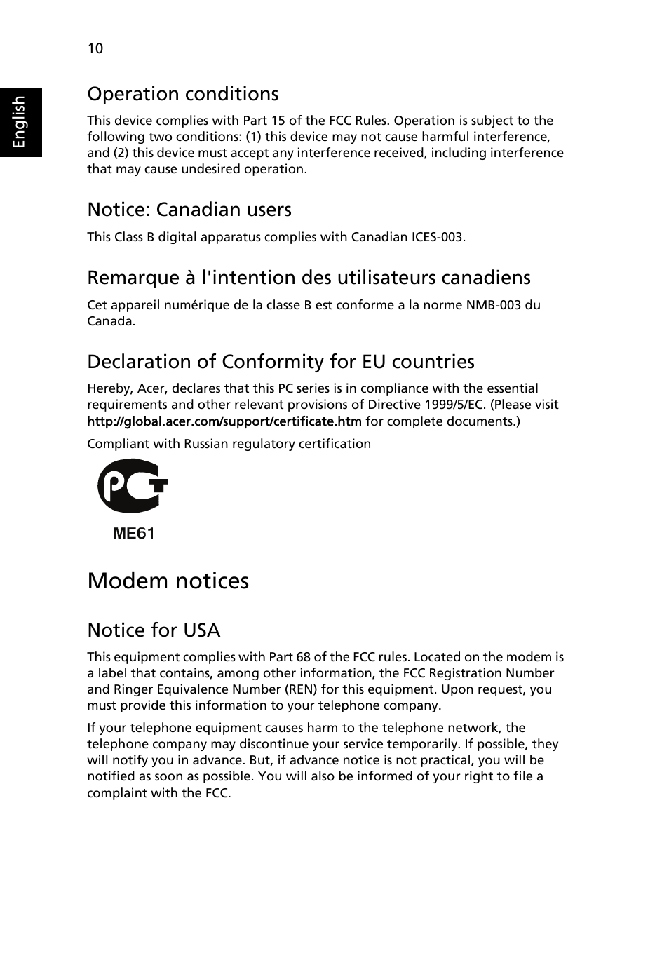 Modem notices, Operation conditions, Notice: canadian users | Remarque à l'intention des utilisateurs canadiens, Declaration of conformity for eu countries, Notice for usa | Acer AcerSystem (User Guide) User Manual | Page 22 / 30