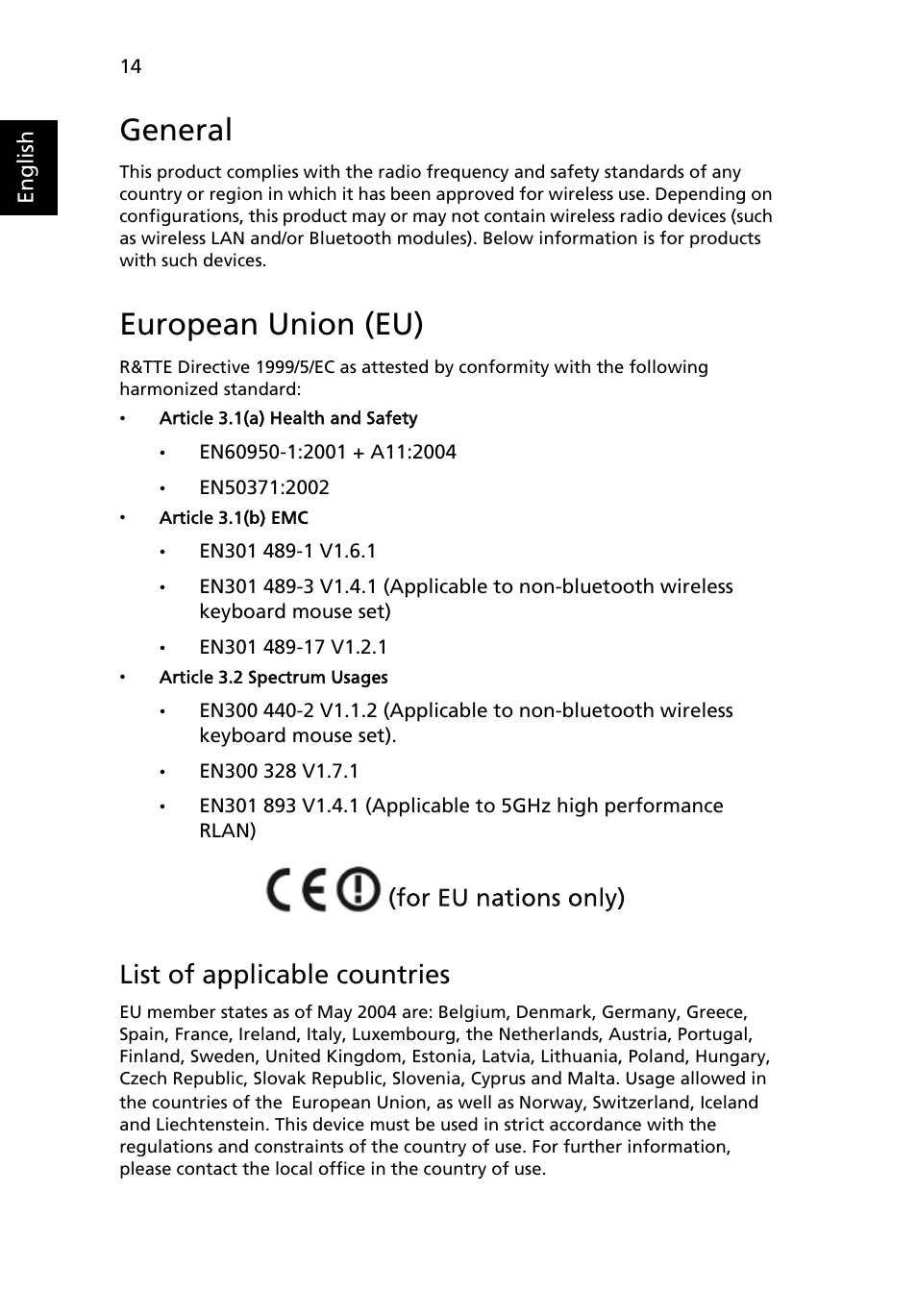 General, European union (eu), List of applicable countries | Acer AcerSystem (User Guide) User Manual | Page 26 / 30