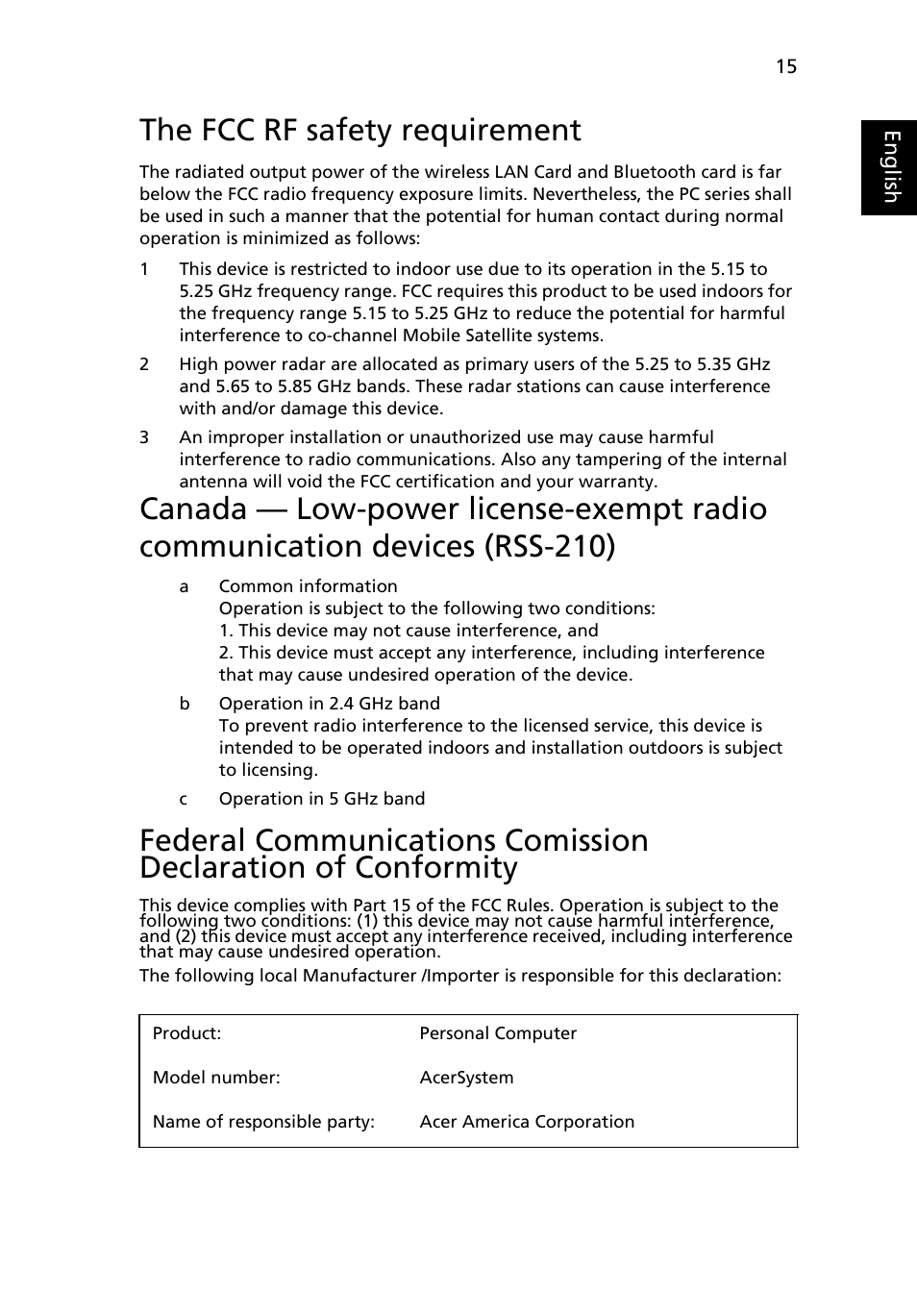 The fcc rf safety requirement | Acer AcerSystem (User Guide) User Manual | Page 27 / 30