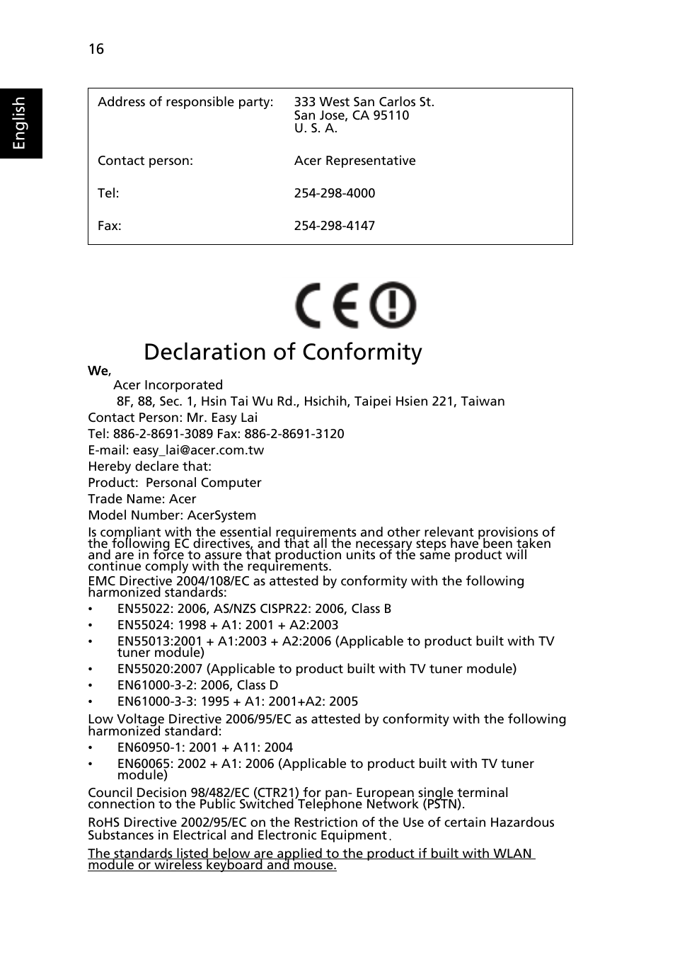 Declaration of conformity, English | Acer AcerSystem (User Guide) User Manual | Page 28 / 30