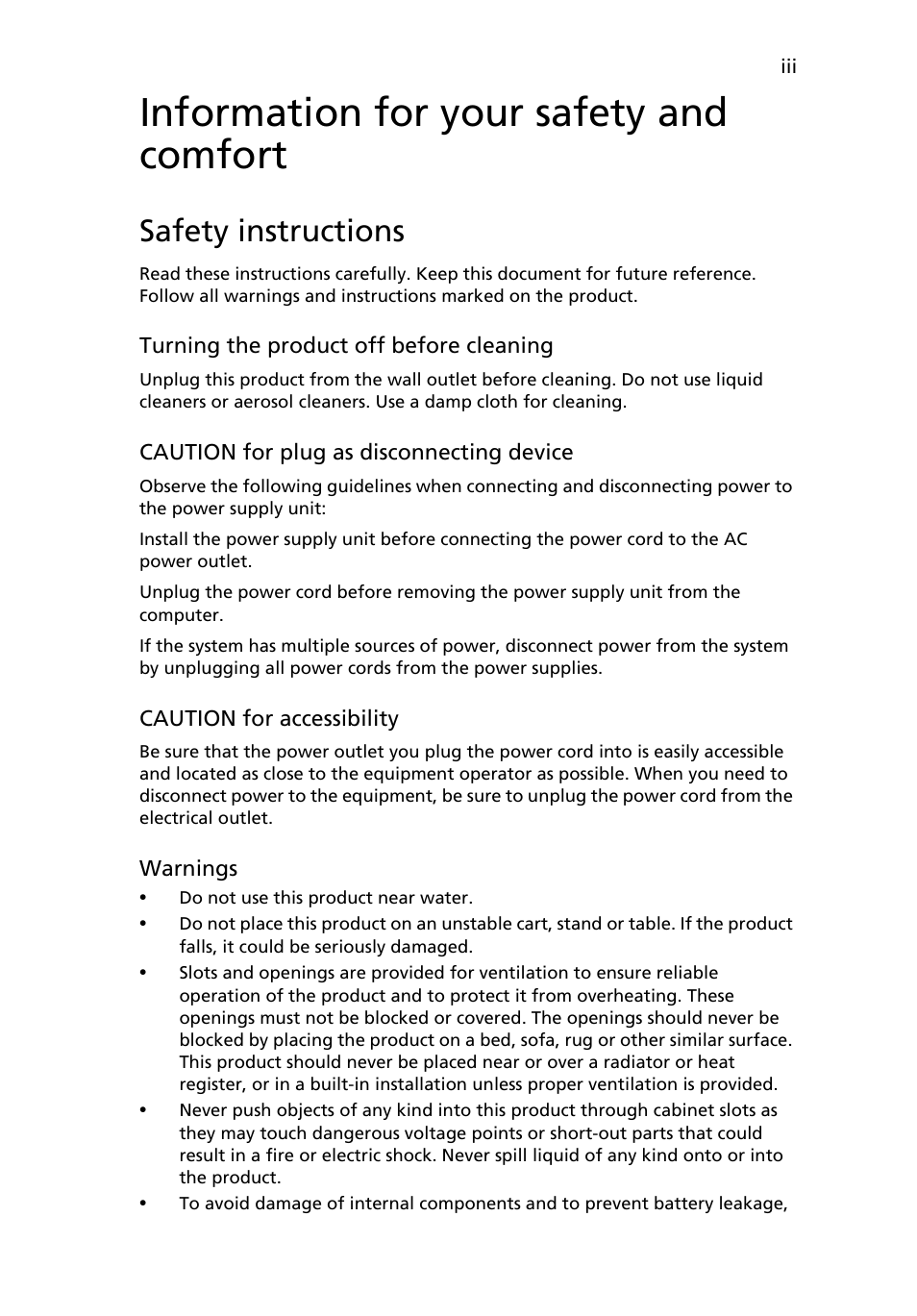 Information for your safety and comfort, Safety instructions | Acer AcerSystem (User Guide) User Manual | Page 3 / 30