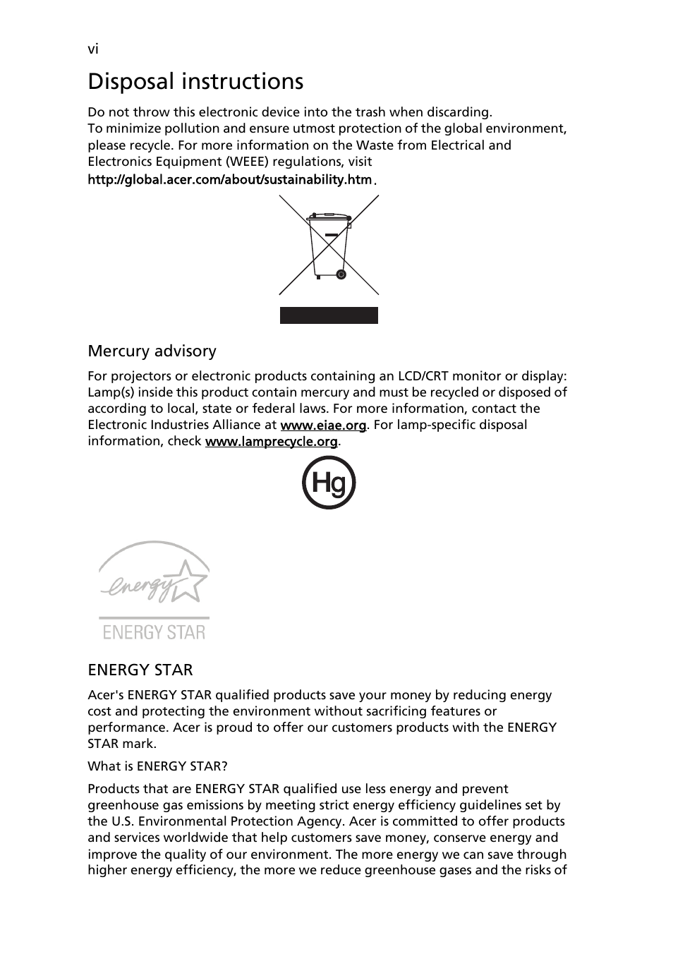 Disposal instructions | Acer AcerSystem (User Guide) User Manual | Page 6 / 30