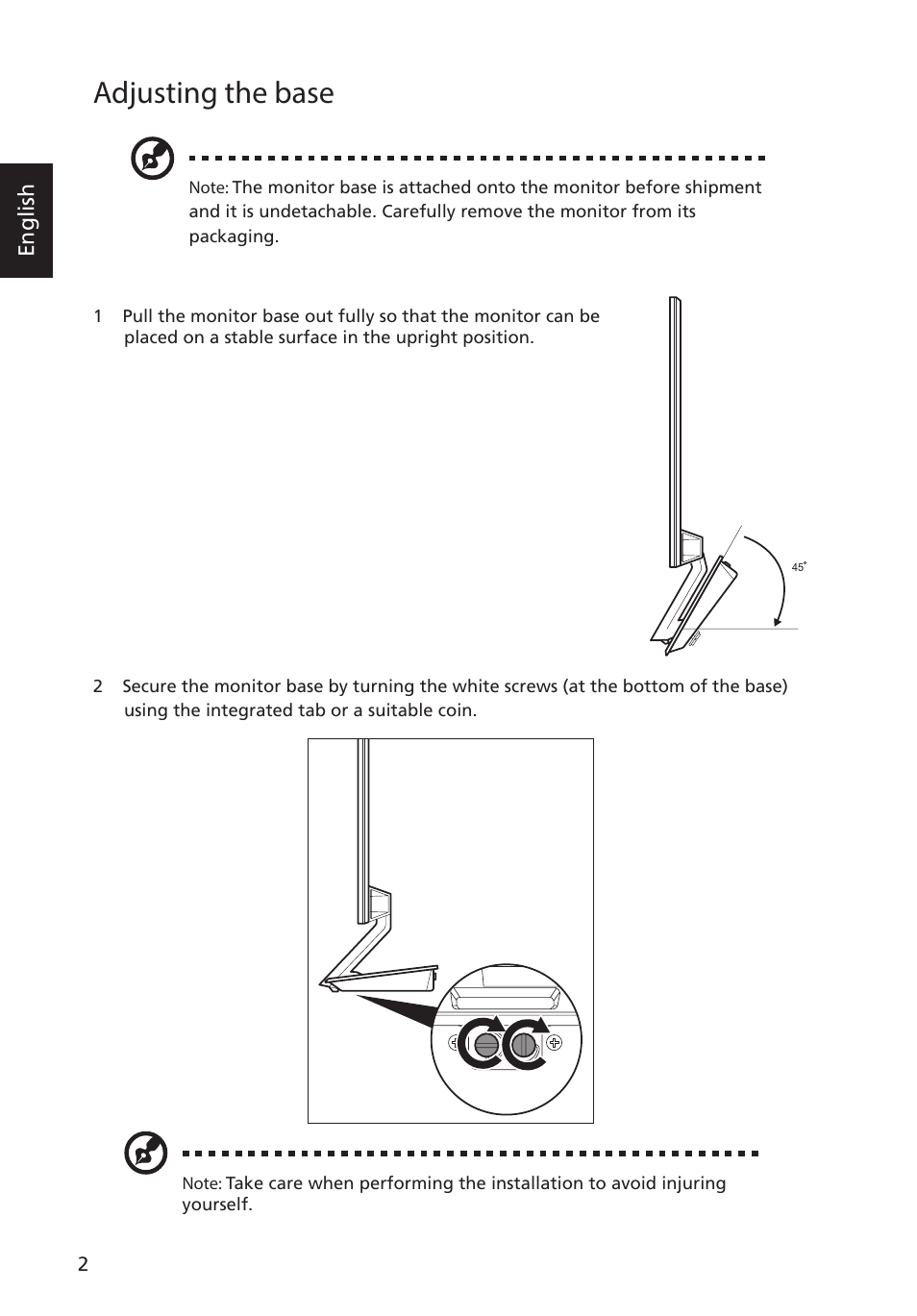 Adjusting the base, English | Acer S275HL User Manual | Page 14 / 27