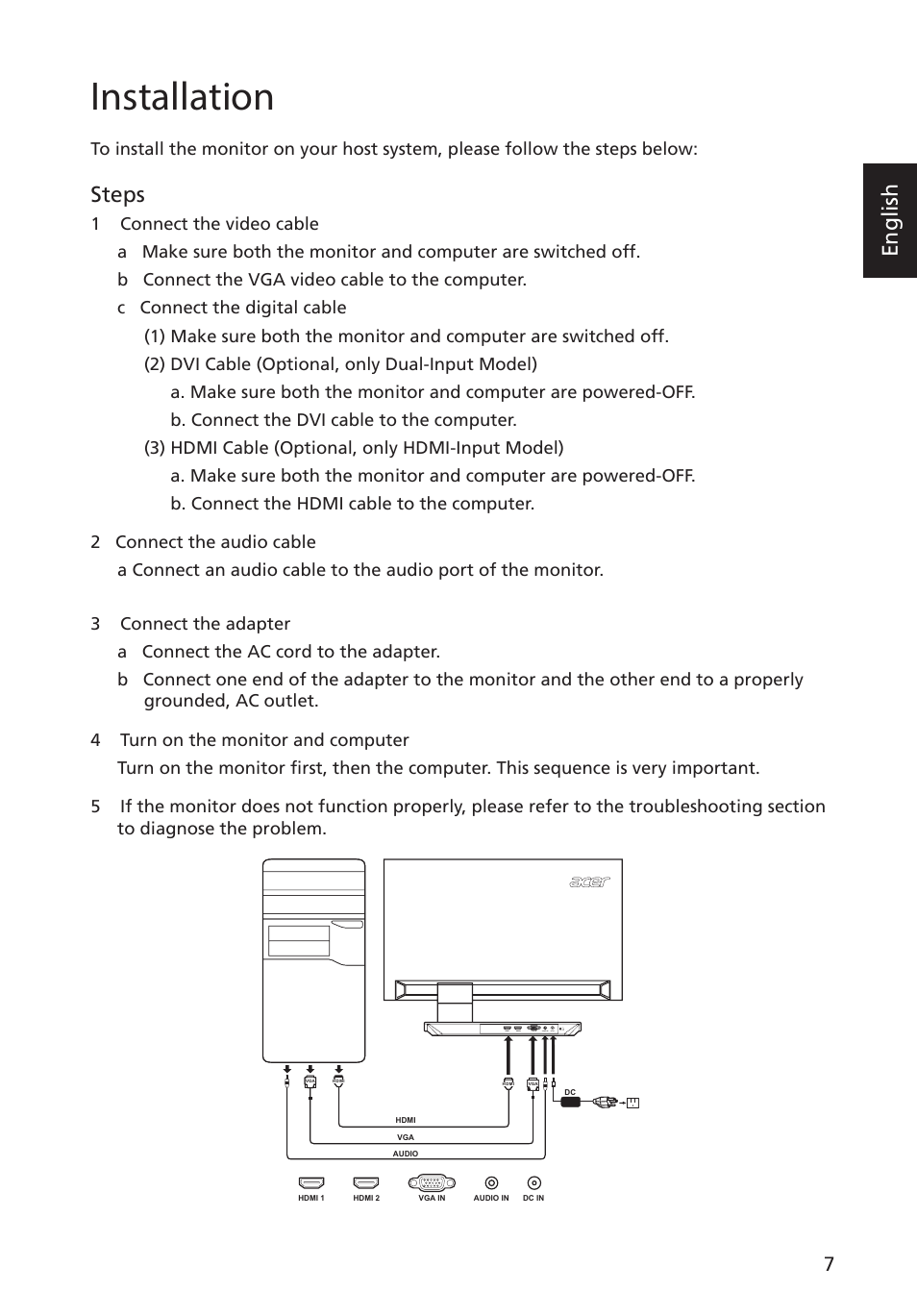 Installation, English, Steps | Acer S275HL User Manual | Page 19 / 27