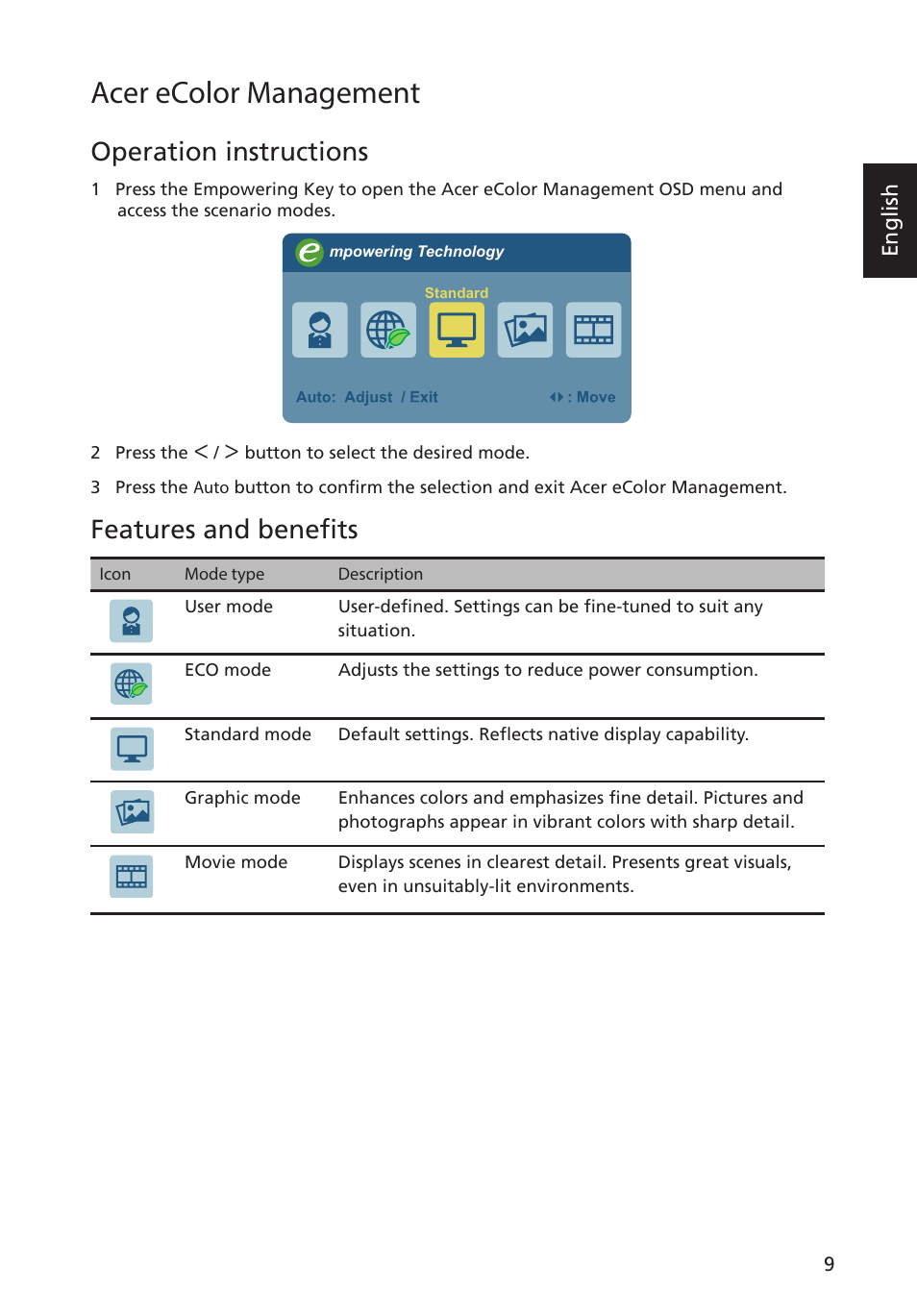 Acer ecolor management, Operation instructions, Features and benefits | English | Acer S275HL User Manual | Page 21 / 27