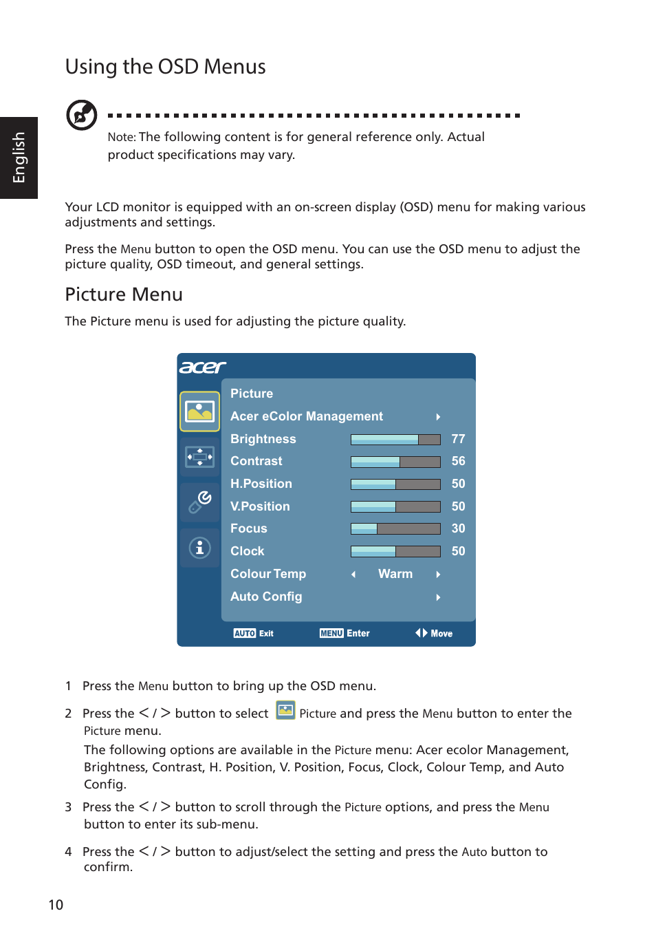 Using the osd menus, Picture menu | Acer S275HL User Manual | Page 22 / 27