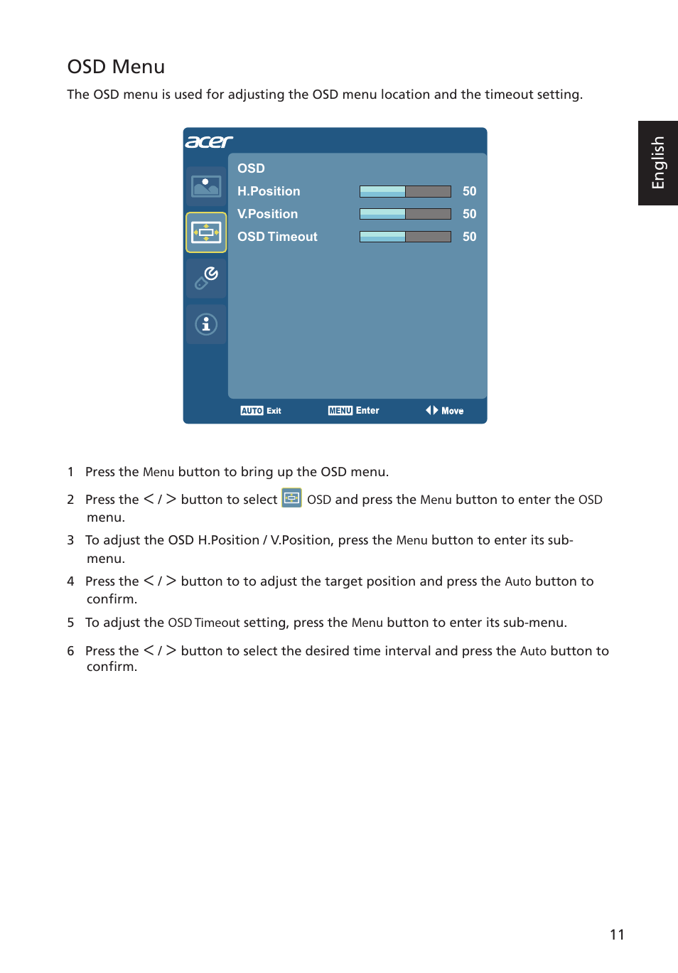 Osd menu | Acer S275HL User Manual | Page 23 / 27