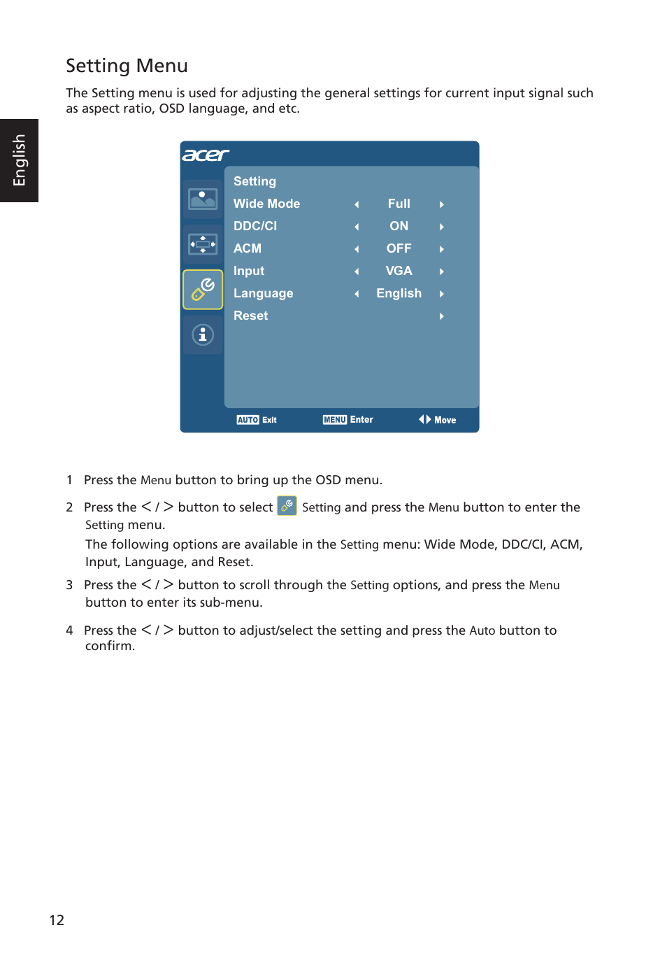 Setting menu | Acer S275HL User Manual | Page 24 / 27