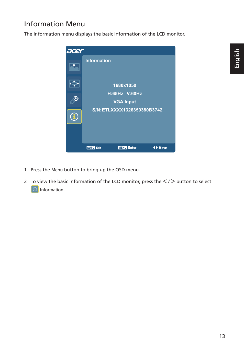 Information menu, English | Acer S275HL User Manual | Page 25 / 27