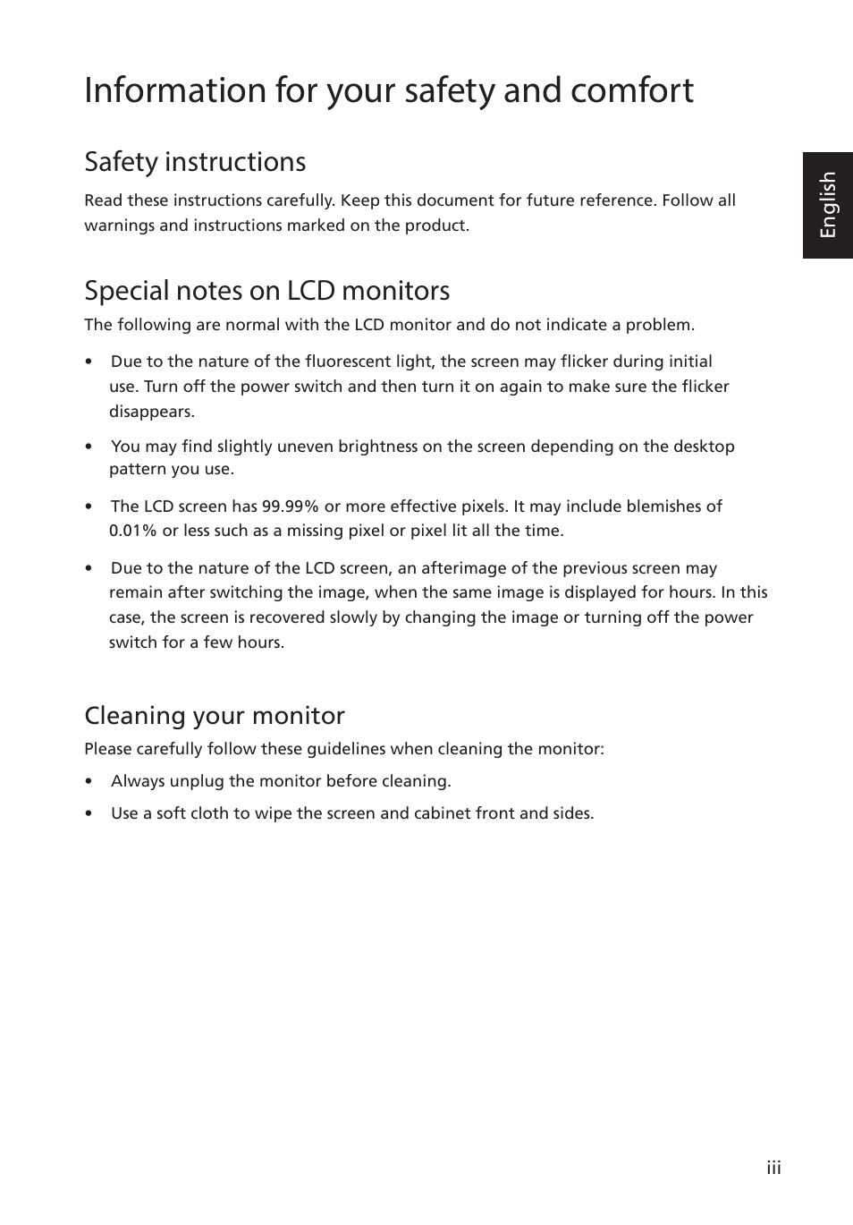 Information for your safety and comfort, Safety instructions, Cleaning your monitor | Acer S275HL User Manual | Page 3 / 27