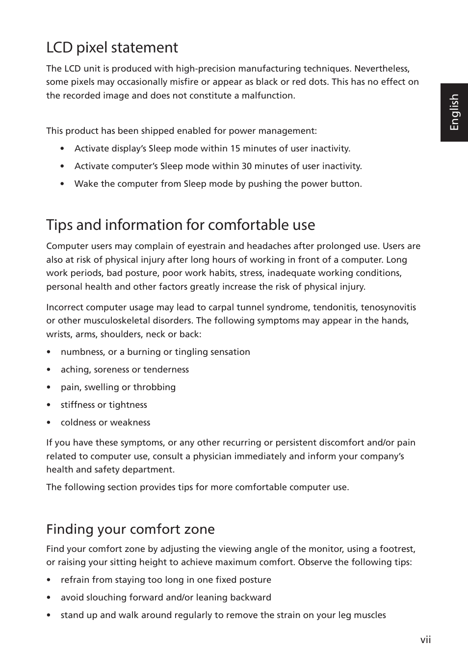 Lcd pixel statement, Tips and information for comfortable use, Finding your comfort zone | Acer S275HL User Manual | Page 7 / 27