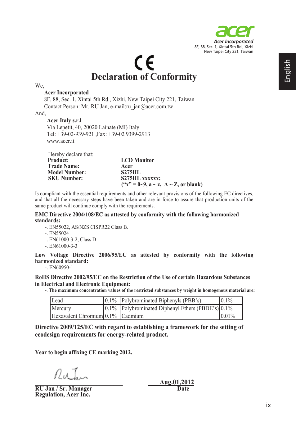 Declaration of conformity, English | Acer S275HL User Manual | Page 9 / 27