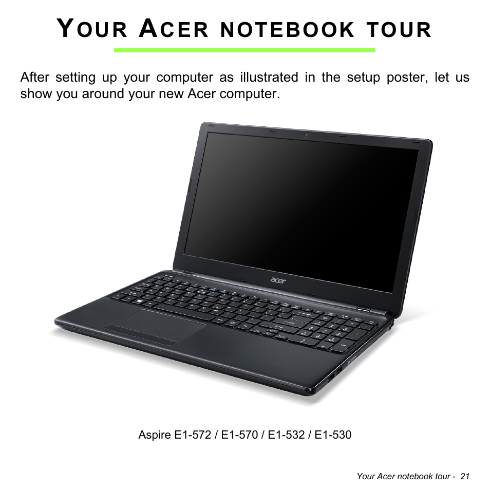 Your acer notebook tour | Acer Aspire E1-532G User Manual | Page 21 / 101