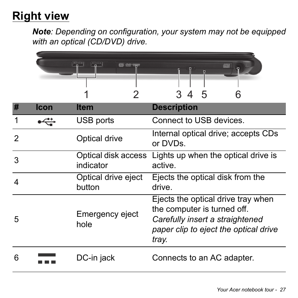 Right view | Acer Aspire E1-532G User Manual | Page 27 / 101