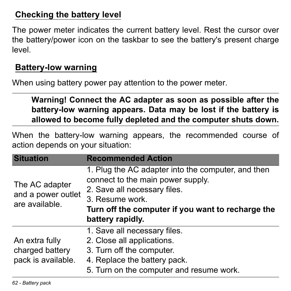 Checking the battery level, Battery-low warning, Checking the battery level battery-low warning | Acer Aspire E1-532G User Manual | Page 62 / 101