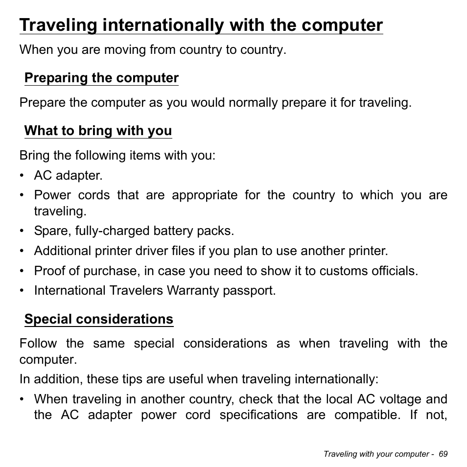 Traveling internationally with the computer, Preparing the computer, What to bring with you | Special considerations, Preparing the computer what to bring with you | Acer Aspire E1-532G User Manual | Page 69 / 101