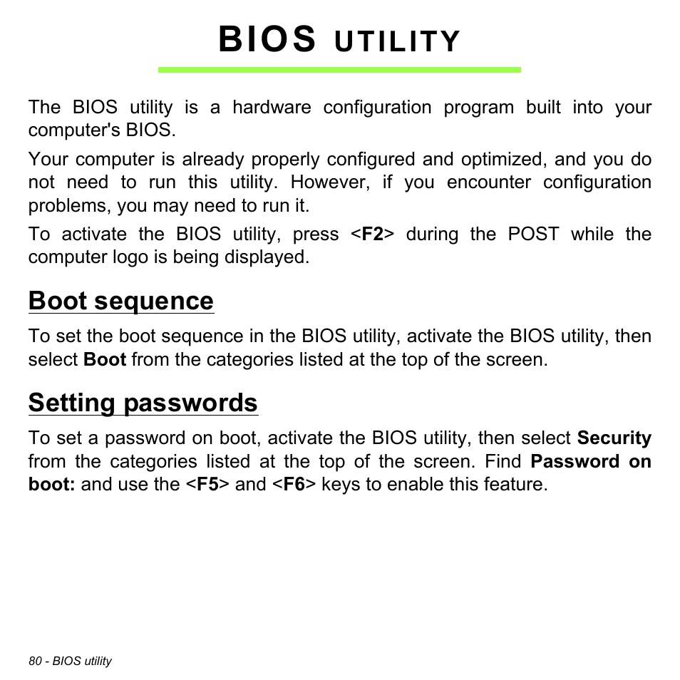 Bios utility, Boot sequence, Setting passwords | Boot sequence setting passwords, Bios, Utility | Acer Aspire E1-532G User Manual | Page 80 / 101