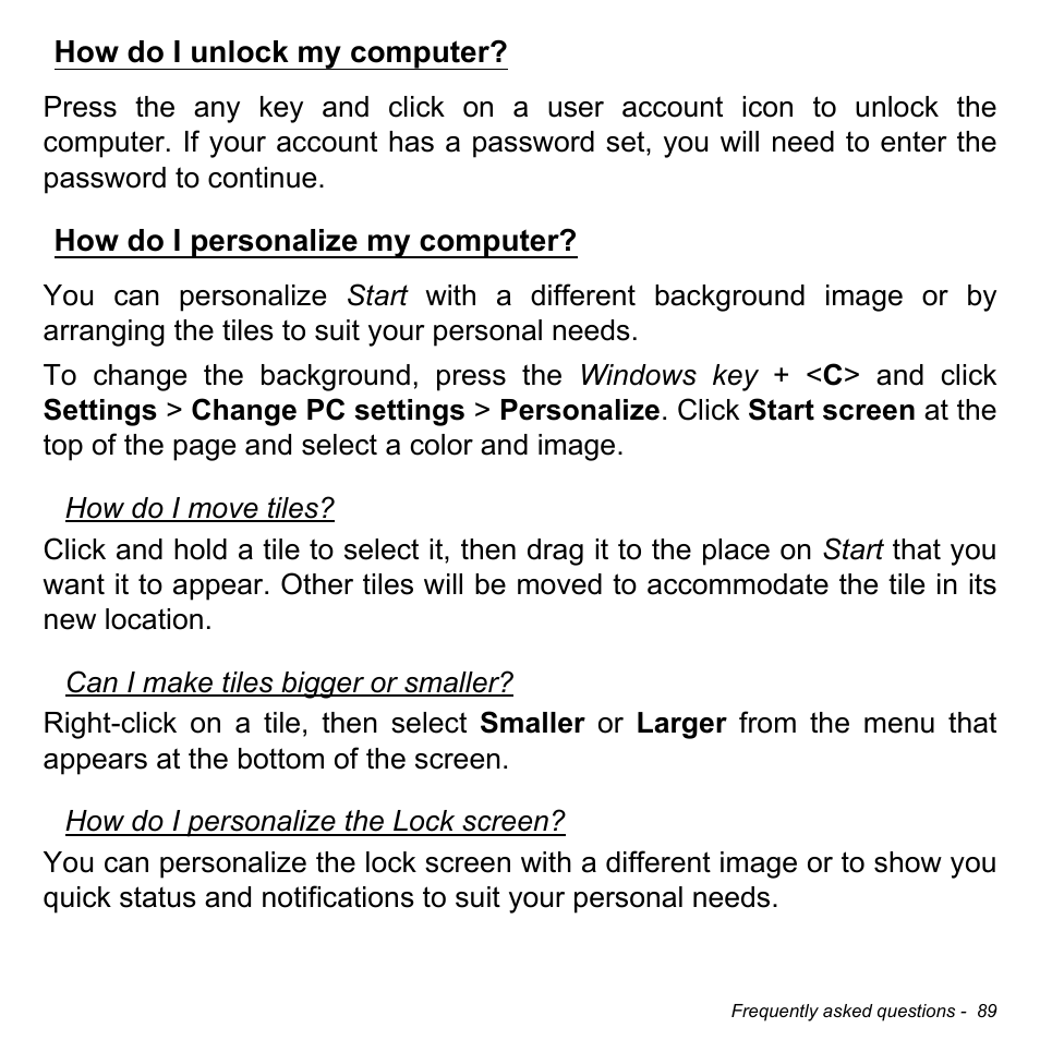 How do i unlock my computer, How do i personalize my computer | Acer Aspire E1-532G User Manual | Page 89 / 101