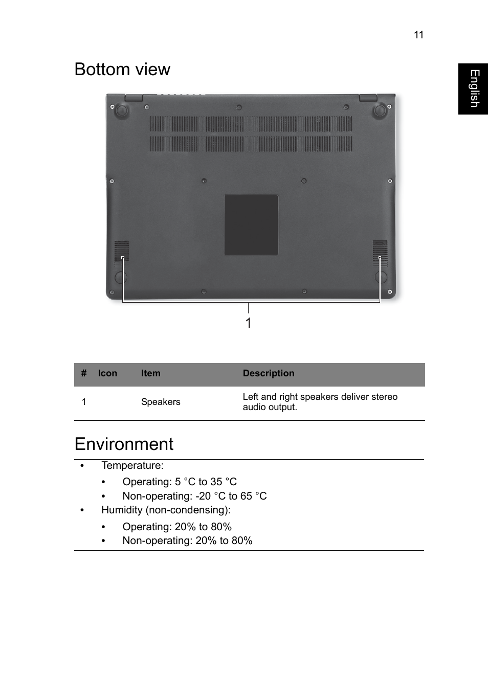 Bottom view, Environment, Bottom view environment | Acer C720P User Manual | Page 11 / 39