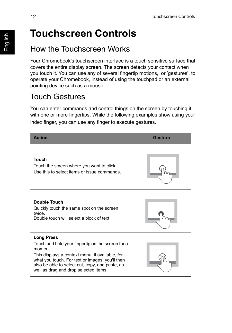 Touchscreen controls, How the touchscreen works, Touch gestures | How the touchscreen works touch gestures | Acer C720P User Manual | Page 12 / 39