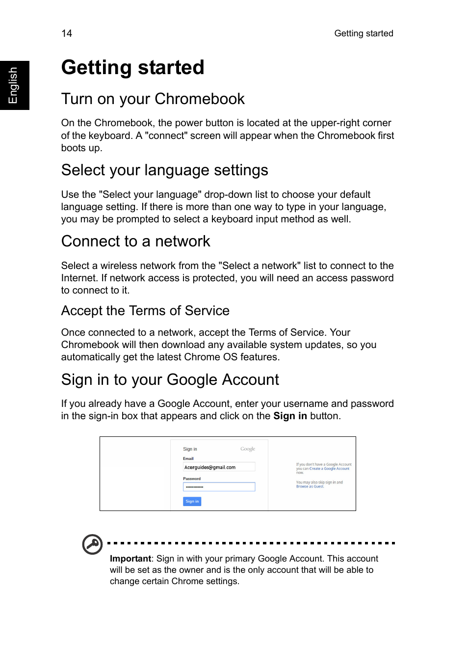 Getting started, Turn on your chromebook, Select your language settings | Connect to a network, Accept the terms of service, Sign in to your google account | Acer C720P User Manual | Page 14 / 39