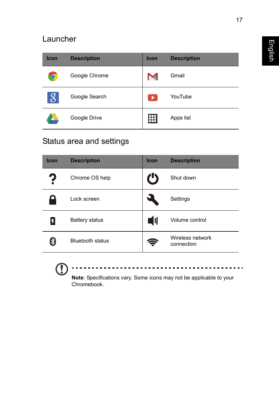 Launcher, Status area and settings, Launcher status area and settings | Acer C720P User Manual | Page 17 / 39