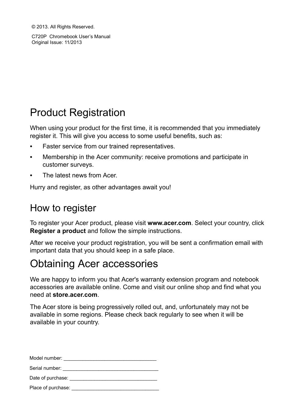 Product registration, Obtaining acer accessories, How to register | Acer C720P User Manual | Page 2 / 39