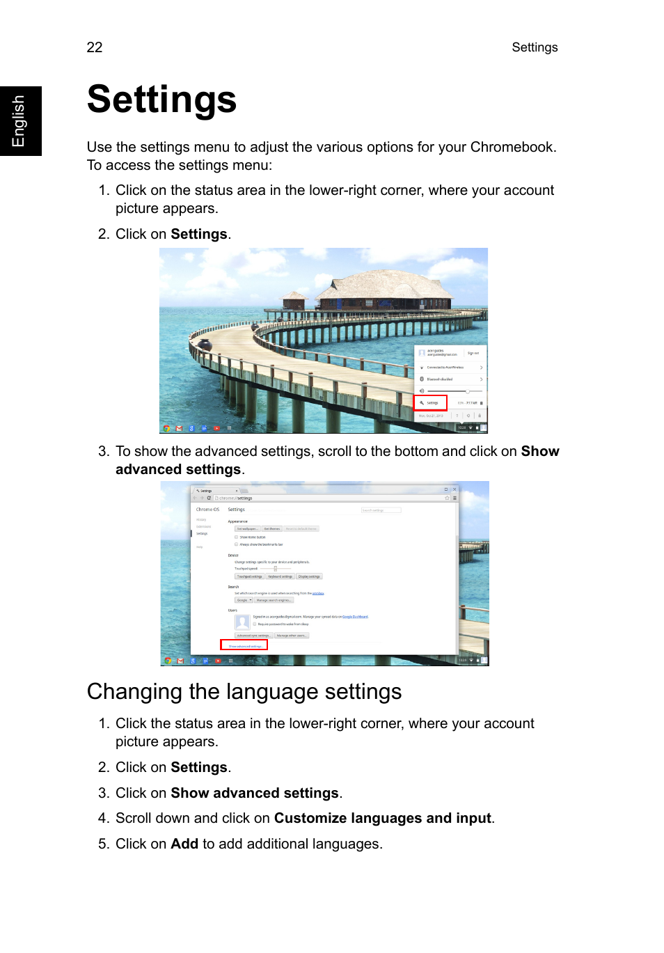 Settings, Changing the language settings | Acer C720P User Manual | Page 22 / 39